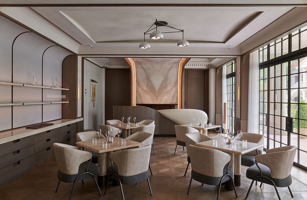 Elegant dining room with intricate marble paneling, modern lighting, and plush seating.