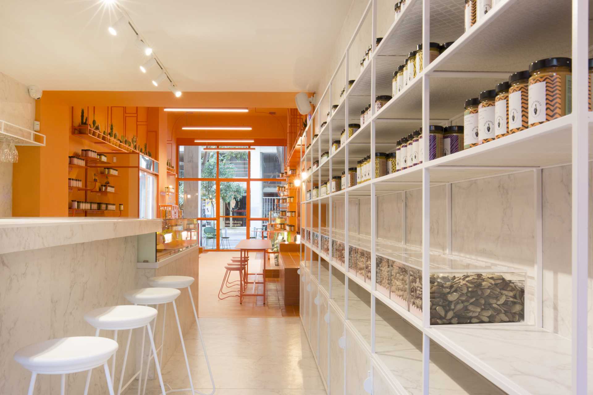 A modern retail store with a monochromatic terracotta interior that also includes built-in planters for cacti.