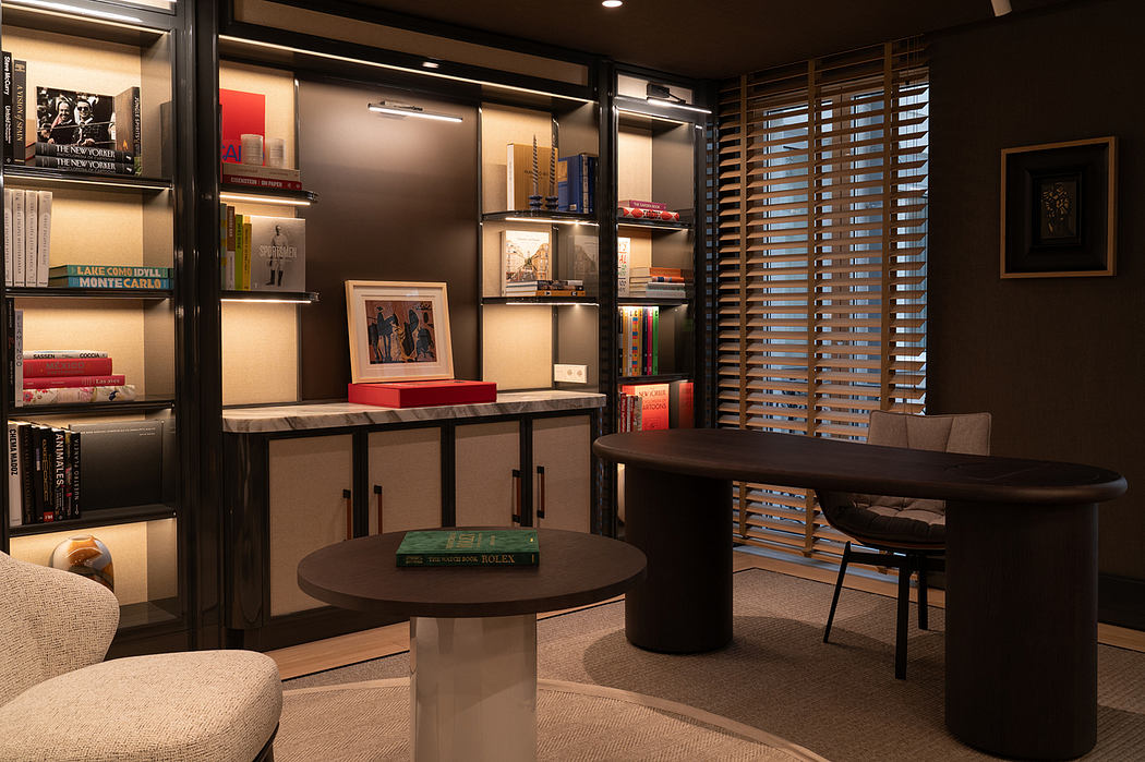 Elegant home office with sleek shelving, wooden table, and patterned blinds.